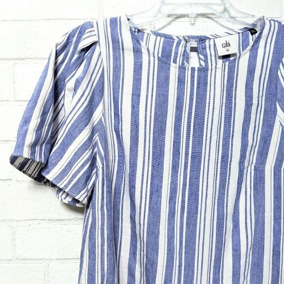 CABI Blue White Linen Striped Puff Sleeve Top XS - Picture 3 of 9